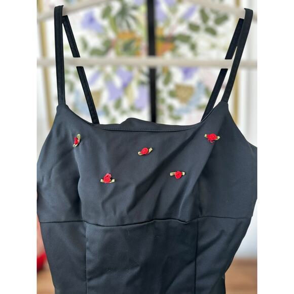 Vintage California Concepts Black Mini Dress with Embroidered Roses Size Small - Picture 3 of 14